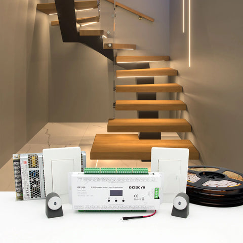 Komigan Intelligenter Bewegungssensor LED-Treppenbeleuchtungs-Kit KMG-3233, Step-by-Step-Kaskadenbeleuchtungseffekt, 40 Zoll zuschneidbarer COB LED-Lichtstreifen für Treppenhausbeleuchtung im Innenbereich, Kaltweiß 6000K