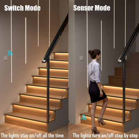 Cascade Motion Sensor LED Stair Light Kit KMG-4233, Dusk to Dawn Daylight Sensor, Multiple Functions with Wireless Switch Panel Control, 40 Inches Warm White 3000K COB Light Strip for Indoor Stair Lighting