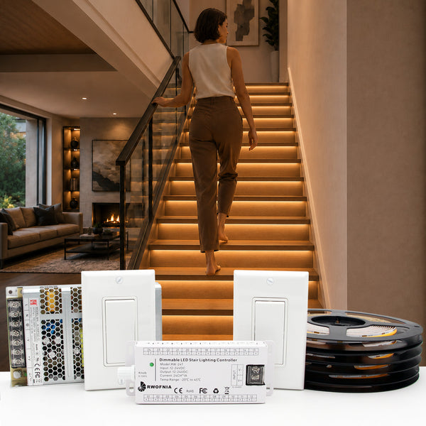 RW-24T 3-Way Switch LED Stair Light Kit – Dimmable 3000K Indoor Stair Lighting System with Cuttable COB LED Strips