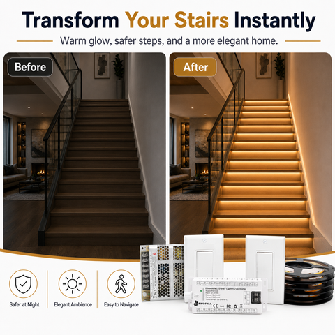 RW-24T 3-Way Switch LED Stair Light Kit – Dimmable 3000K Indoor Stair Lighting System with Cuttable COB LED Strips