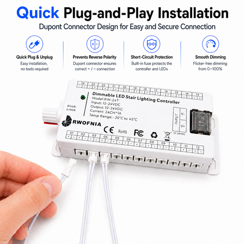 RW-24T 3-Way Switch LED Stair Light Kit – Dimmable 3000K Indoor Stair Lighting System with Cuttable COB LED Strips